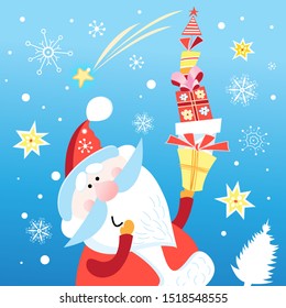 New Year card with merry Santa Claus on blue background with snowflakes