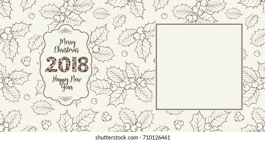 New year card with mistletoe flowers. Christmas mistletoe holiday card with text. Invitation card template with mistletoe and text 2018 Merry Christmas over them. Vector illustration.