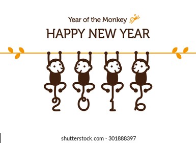 New Year card with Monkey for year 2016