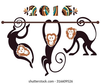 New Year card with Monkey for year 2016