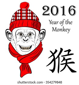 New Year card with Monkey for year 2016  with text in Chinese "monkey". Monkey hand drawn. Vector sketch 