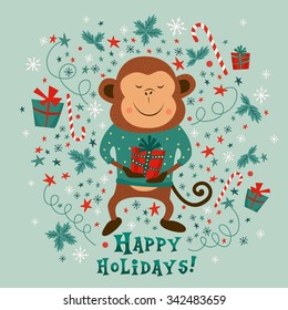 New Year card with monkey, gift boxes and candy canes. Vector Illustration