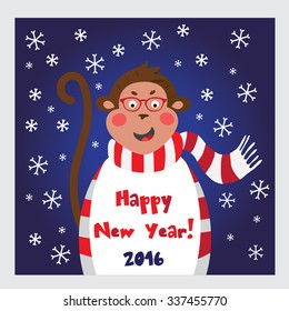 New Year card. Monkey in glasses and scarf on dark blue background with snowflakes.