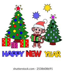 new year card monkey happy illustration cartoon tree decoration
gift box star