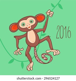 New Year card with the monkey holding vine. Fully editable vector illustration perfect for new year and christmas greeting cards.  