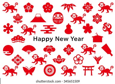 new year card with monkey and Japanese icons.