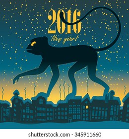 New Year card with a monkey walking on the roofs of the city at night