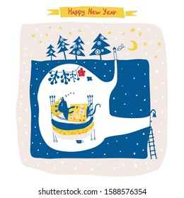 New Year card mouse in the hole winter