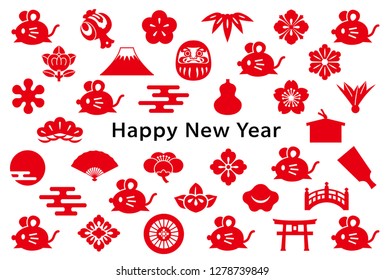 new year card with mouse and Japanese icon.