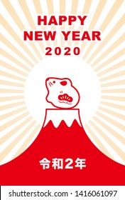 New Year card with mouse, rat doll and fuji mountain for year 2020 / translation of Japanese "Happy New Year" " The 2nd year of Reiwa era"