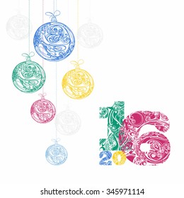 New year card with multicolor figures and christmas decorations. 