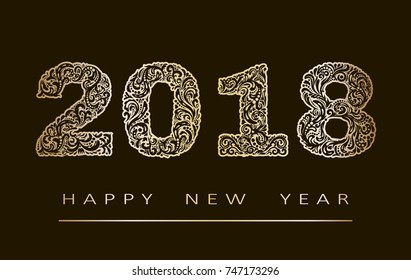 New year card with number 2018 year patterned with gold zen tangled shapes, and text Happy New Year. eps 10