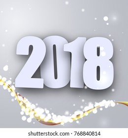 New Year card with the number 2018. Twinkling snow particles with glow  bokeh and golden wave  on a gray background.