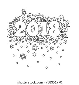 New year card with numbers 2018 on winter snowfall background. Zentangle inspired style. Zen monochrome graphic. Editable vector illustration