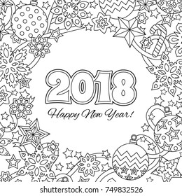 New year card with numbers 2018 on winter snowflake background. Zentangle inspired style. Zen monochrome graphic. Image for calendar, congratulation card, coloring book. Vector illustration