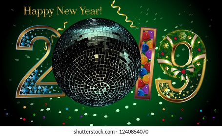 New Year card with numbers 2019, silver text design. Vector illustration with silver numbers and disco ball on black background