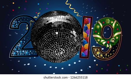 New Year card with numbers 2019, silver text design. Vector illustration with silver numbers and disco ball on black background