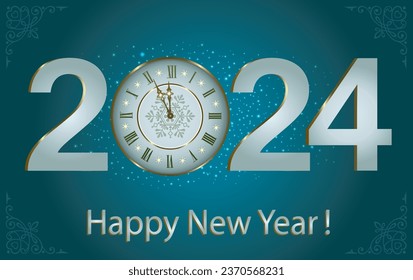 New Year card with numbers 2024 and clock on background with pattern and glow.