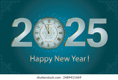 New Year card with numbers 2025 and clock on background with glow. Vector illustration