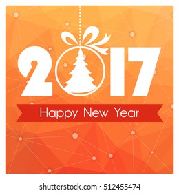 New Year card with orange polygonal background and Christmas tree toy