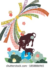 New year card. Year of ox.  Baby and mother.