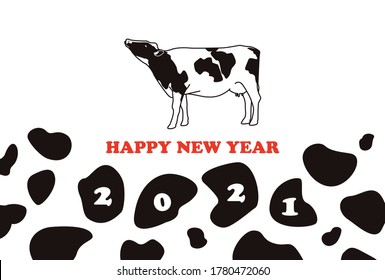 New Year card of the year of the OX with a cow and Holstein pattern for year 2021
