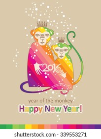 New Year card with a pair of rainbow monkeys.