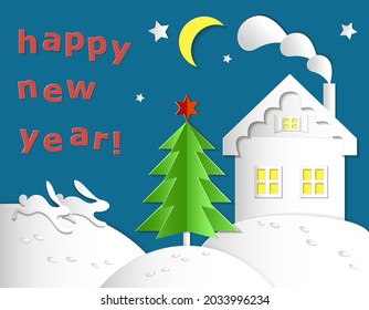 New year card in paper style with a christmas tree, a house and bunnies on a background of the night sky