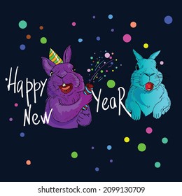 New Year card with a picture of bunnies and text Happy New Year! Two bunnies with firecrackers and streamers, 2023, symbol of the year 