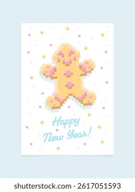 New Year card with a picture of a cookie in the form of a man in pixel style on a white background