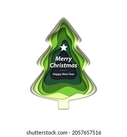 New Year Card With A Picture Of A Papercut Christmas Tree. Vector