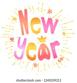 New Year card with pig nose, crown and graphic elements: heart, flower, star, twig. Vector cartoon background.