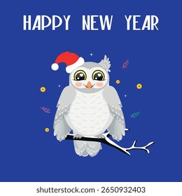 New Year card. The polar white owl. Vector illustration