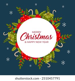 New Year card for post,background for postcard. gift, candy, branch. Greetings on blue isolated background.