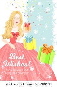 New Year card. The princess in a beautiful dress gives gifts. Vector illustration.