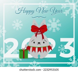 New Year card with a rabbit. Bunny with a bow 2023. Vector cute bunny.