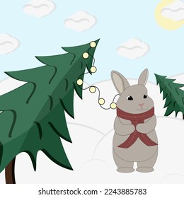 New year card with rabbit in scarf in winter forest, with christmas tree, snow hills, garland, clouds and blue sky. Greeting card with symbol 2023 new year by chinese luna calendar. Cartoon bunny.