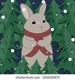 New year card with rabbit in scarf in night forest, with christmas tree, falling snow and editable stroke. Greeting card with symbol 2023 new year by chinese luna calendar. Cartoon bunny.