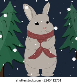 New year card with rabbit in scarf in night forest, with christmas tree, falling snow. Greeting card with symbol 2023 new year by chinese luna calendar. Cartoon bunny.