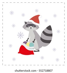 New Year card. raccoon wraps gifts in the bag