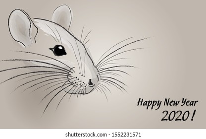 New Year card with rat. Symbol of 2020. Drawing, ink, watercolor. 