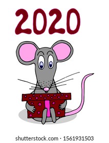 New Year card with rats and a gift, 2020. Hand-drawn illustration isolated on white background.