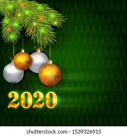 New Year card with realistic spruce branch, christmas balls and golden sign 2020. Merry Christmas and Happy New Year!