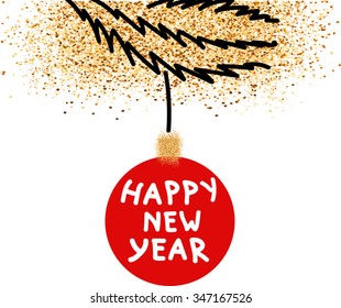 New year card with red ball and golden dust