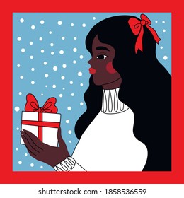 New year card with red frame. A young African American girl with black hair and a red bow is holding a New Year's gift. Snowing. Blue background. Vector illustration