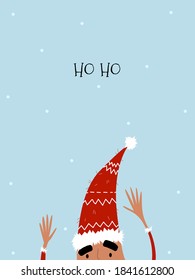 New Year Card Santa Claus Peeks Out. Santa's face. cartoon flat style. Ho Ho. Christmas illustration with text. Vector Stock