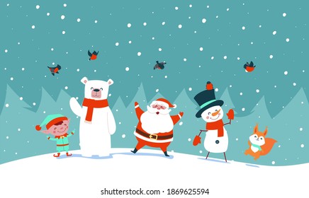 New Year card. Santa claus with forest animals rejoice and wave his hands