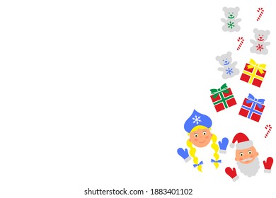 New Year card. Santa Claus with Snow Maiden and gifts.