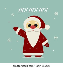 New Year card with Santa Claus on a light blue background with snowflakes.
