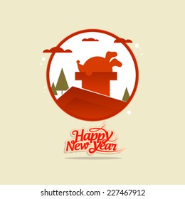 New Year card with Santa Claus stuck in a chimney.